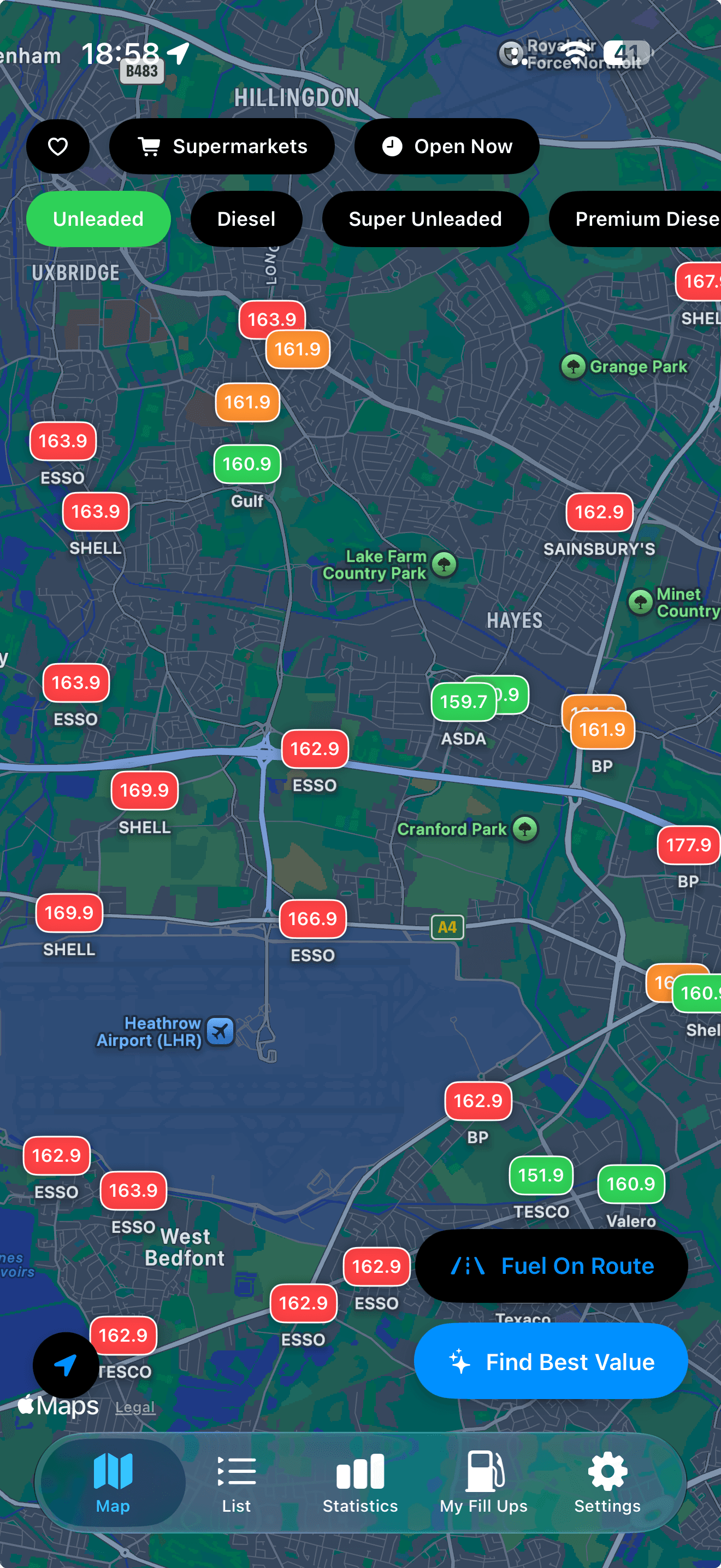 PetrolWatch map showing live unleaded prices near Heathrow