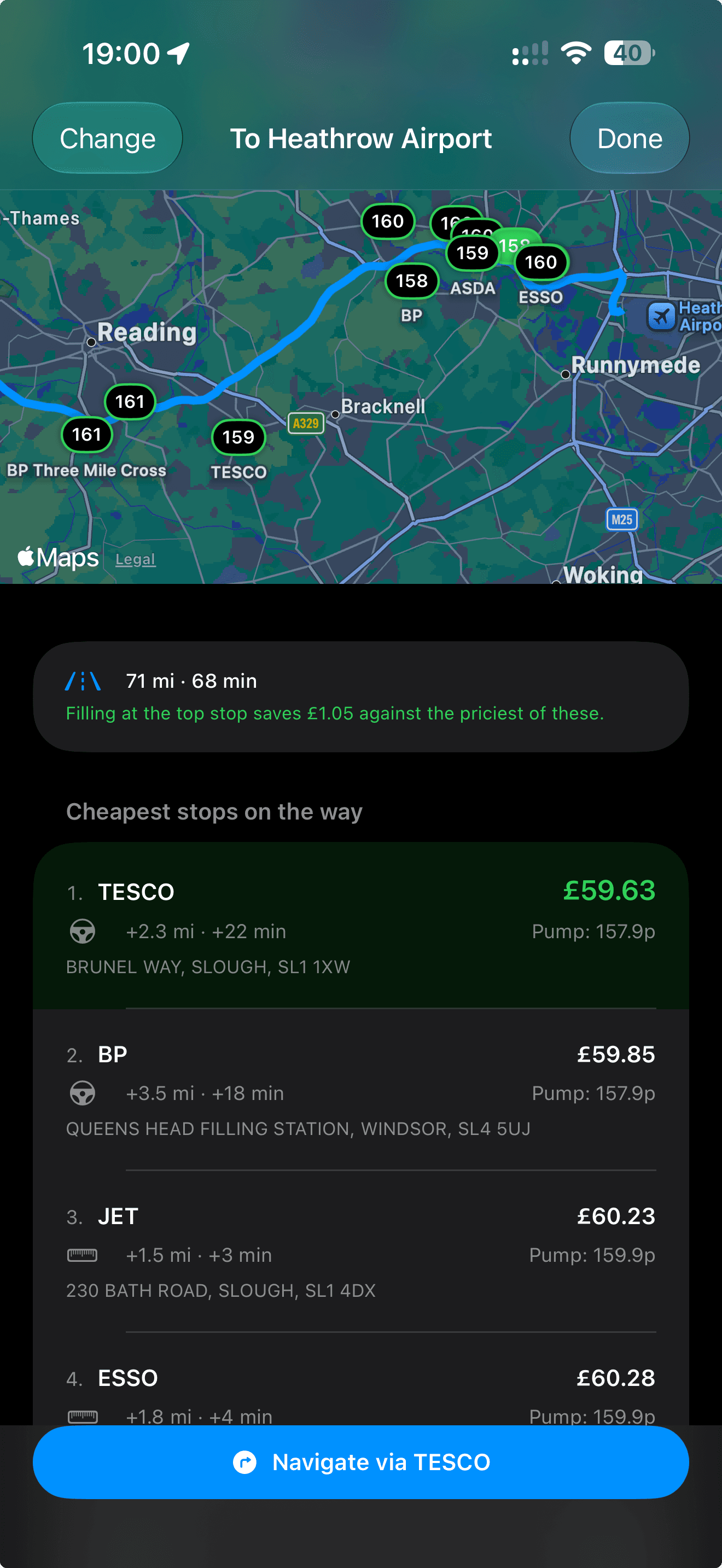 PetrolWatch Fuel On Route screen finding the cheapest stops on a journey to Heathrow